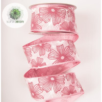 Virágmintás textil szalag drótos 38mm*6,4m rózsaszín