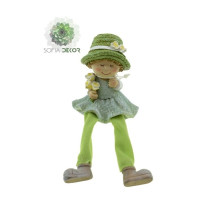 Gyerek kalapban virággal lógólábú kislány 15cm zöld